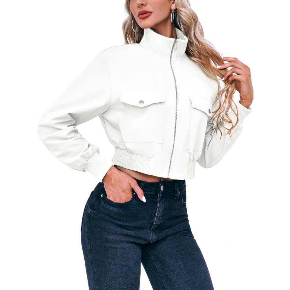Women's White Short Bomber Jackets Stand Collar Zip Up Long Sleeve Lightweight - Picture 2 of 6